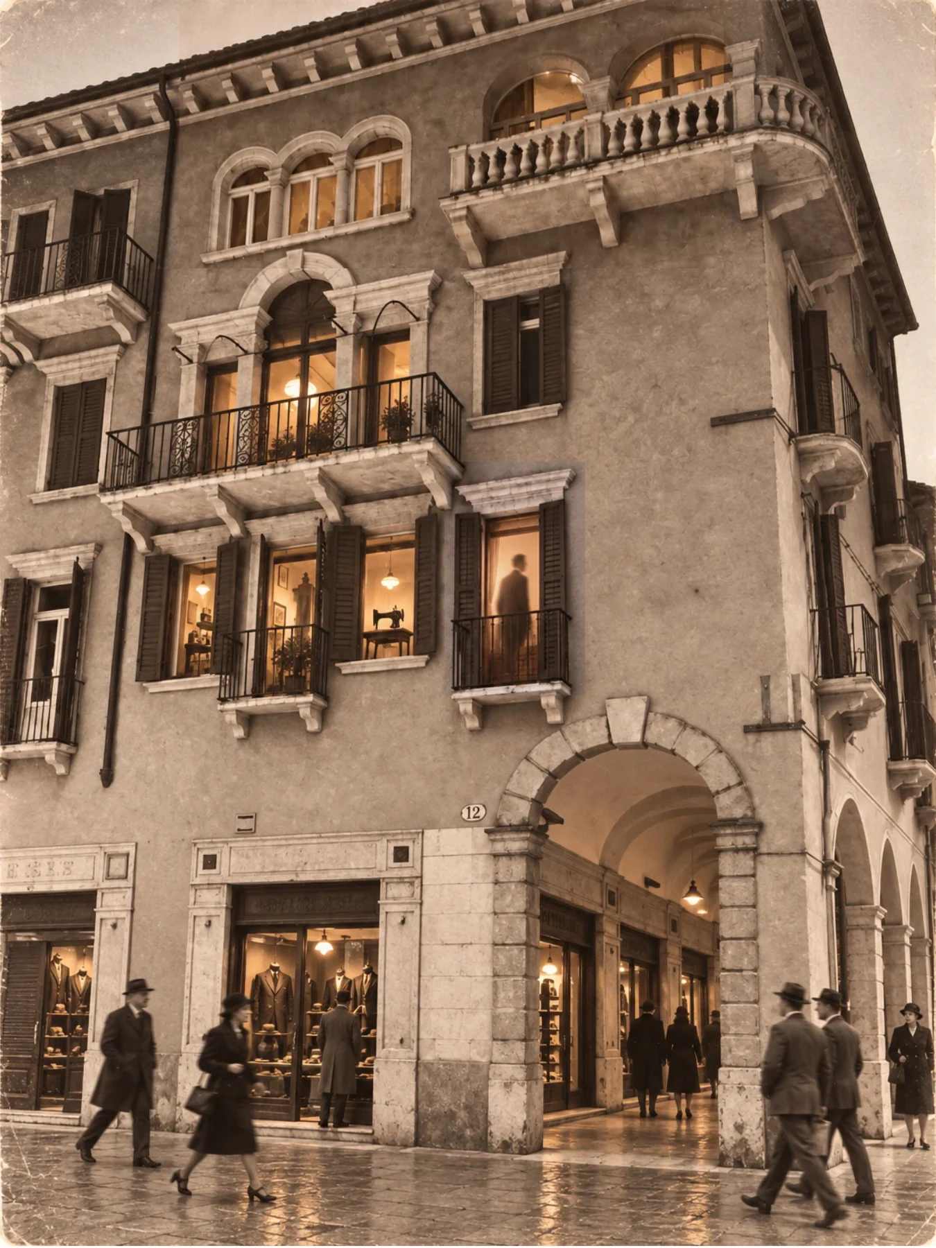 Scorcio d'epoca di via Mazzini 12, a Verona, in seppia